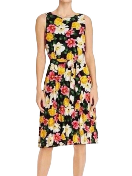 T Tahari Dresses & Skirts - T Tahari Black Floral Print Sleeveless Pleated Belted Midi Dress Size Medium